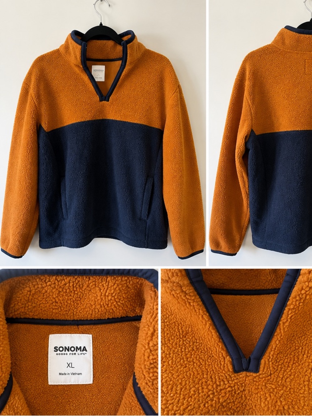 Sonoma Men’s XL Orange & Navy Sherpa Fleece Pullover